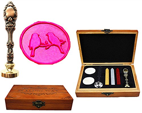 Sceau de cire motif paon rouge avec tampons et enveloppes papeterie en coffret bois