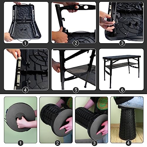 Mesa y Taburete Plegable, Pequeña, Negro, Mesa Portátil de 4 Pies para Exterior, Altura Ajustable, Camping, Picnic, Mesa para RV, Soporta 55lbs, Ligera miniatura 5