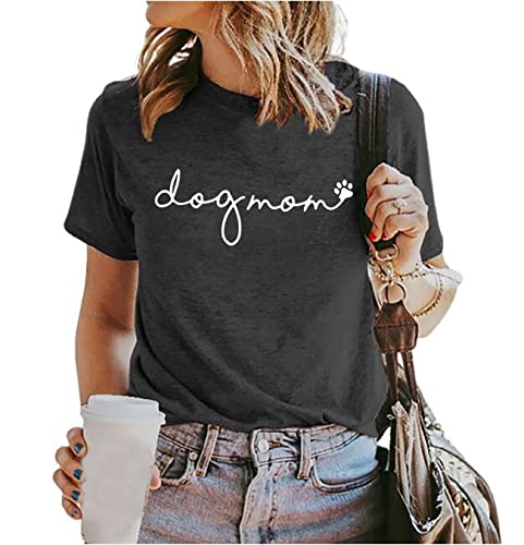 Dog Mom T-Shirt Women Funny Mama O-Neck Graphic Tees Casual Loose Short Sleeve Tops Dog Lover Gift Blouse (Dark Grey, XL)