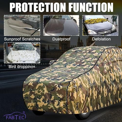 Image of FABTEC Waterproof Car Body Cover for Tata Tiago with Mirror and Antenna Pocket, Triple Stitched (Military, Jungle Print, Camouflage Design)