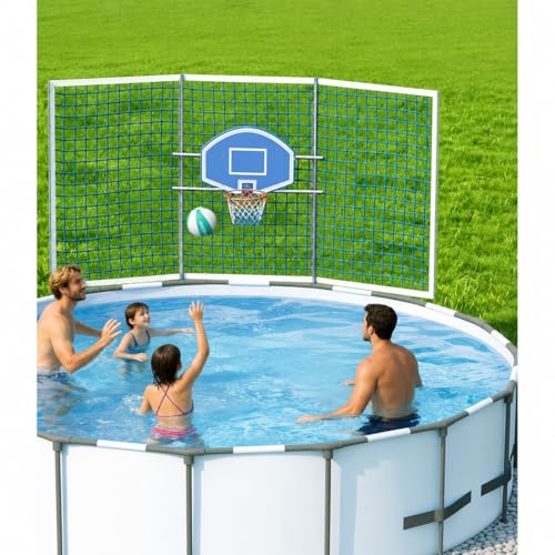ECOPOOLTECH Pool Basketball Hoop with Backstop Net for Round Above-Ground Pools Only, Height Adjustable Thick PVC Backboard, Sturdy Stainless Steel Frame, Includes Basketball and Pump.
