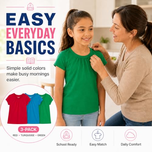 Image of Bienzoe Plain Solid Girls T-Shirts: School Basic Tee 3-Pack | Short Sleeve, Ages 4-13, PE, Recess, Outdoor Play, Soft Cotton Blend, Breathable Quick-Dry, Easy Care, Easy to Mix and Match