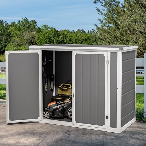 Image of DWVO 4.7x2.5 FT Outdoor Storage Shed w /o Shelf, 35Cu.ft Horizontal Resin Tool Shed with Hydraulic Gas Rod and 3 Locks for Garden, Trash Cans, All-Weather Outdoor Storage, Lockable with Floor