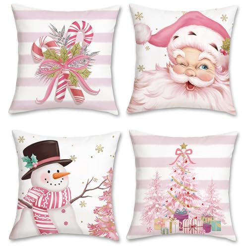 Bonhause 4er Set Kissenbezüge Weihnachten Rosa 45 x 45 cm Weihnachtsmann Schneemann Zuckerstange Xmas Baum Samt Soft Dekorative Kissenhülle Zierkissenbezüge für Winterurlaub Dekoration