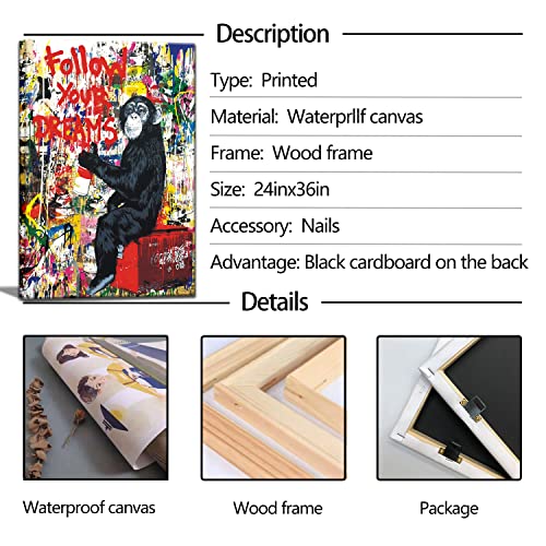 Large Banksy Monkey Wall Art Street Graffiti Canvas Wall Decor Monkey Gorilla Animal Inspirational Painting Pictures Posters Prints Artwork For Office Living Room Bedroom Bathroom Framed(Banksy Graffiti, 24“W×36”H Framed) #TOP6