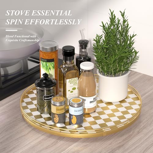 Image of Premium Rubber Wood Lazy Susan Turntable, Glod White Checkerboard Decorative Serving Tray, Hand-Welded Metal Railing, Stable Rotating Organizer for Dining Table, Kitchen Counter, Coffee Table Decor