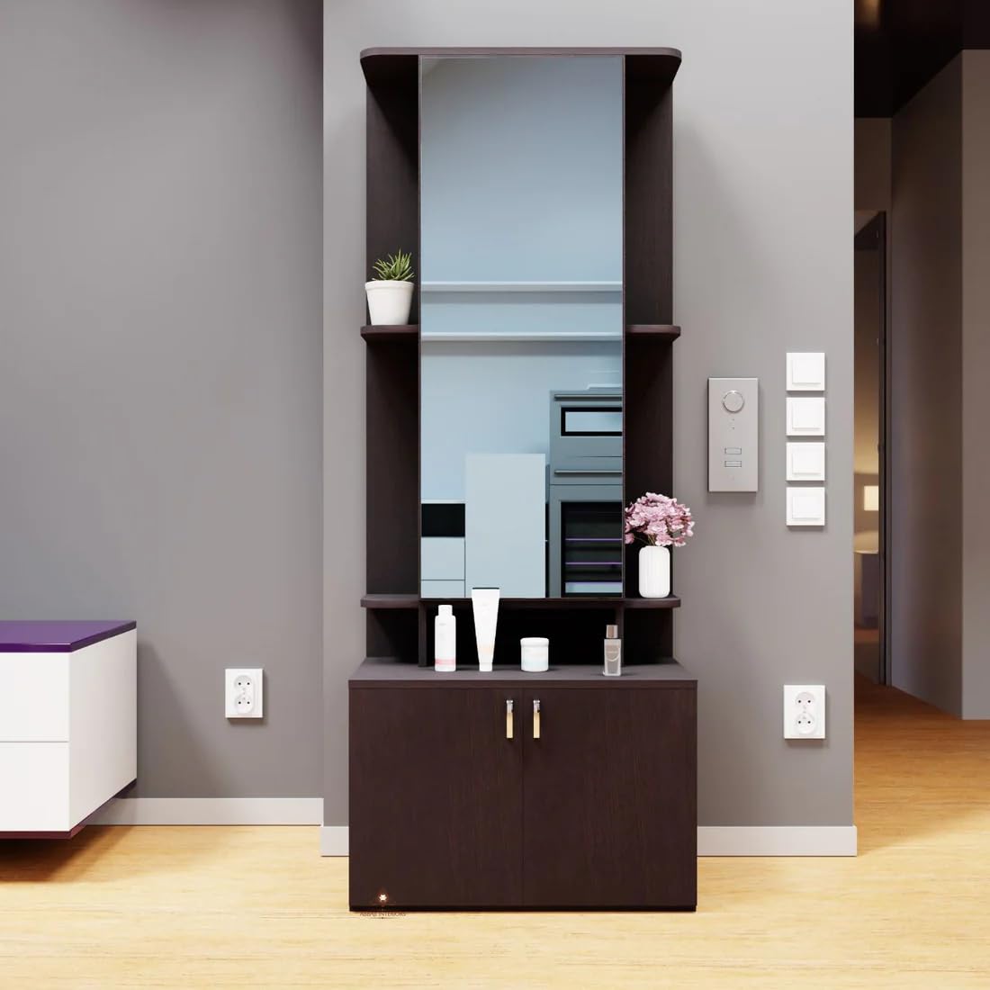 ABBAJI INTERIORS Engineered Wood Dressing Table with 4 Shelves (Dark Brown)-image-36