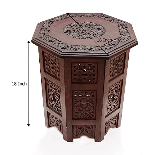 Cotton Craft Solid Wood Accent End Table - Hand Carved Vintage Boho Folding Side Table - Small Spaces Entryway Farmhouse Living Room Bedside - No Tools Assembly - 18X18 Octagon - Brown #TOP2