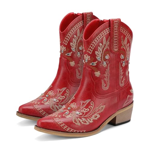 Image of Rhinestone Ankle Cowboy Boots for Women Embroidered Short Cowgirl Boots with Low Heel Side Zipper Comfortable Chunky Heel Western Booties for Prom Party Wedding Pull On Shoes