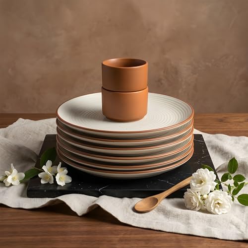 Image of miah decor Quarter Plates Set of 6, Ceramic Stoneware Plates | Cream Snack & Side Plates with Brown Rim | Ribbed Design | Microwave & Dishwasher Safe (MD-702)