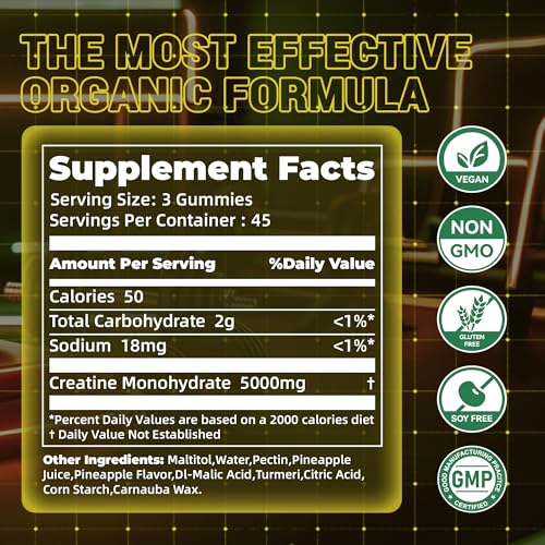 Image of Creatine Monohydrate Gummies, NSF Certified Creatine Gummy, 5g Dose for Men & Women to Support Muscle, Strength, Recovery, Cognitive Health & Memory, Pineapple Flavor, 135 Gummies
