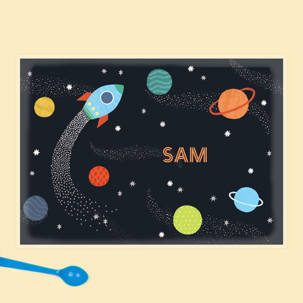 dotty about paper - Personalised Kids Placemat - Outer Space. Dinner Table Mat, Children, Wipeable placemat, Cute, Bright, kids placemat, Colourful, Children, Dinnertime, Fun Design, Durable.