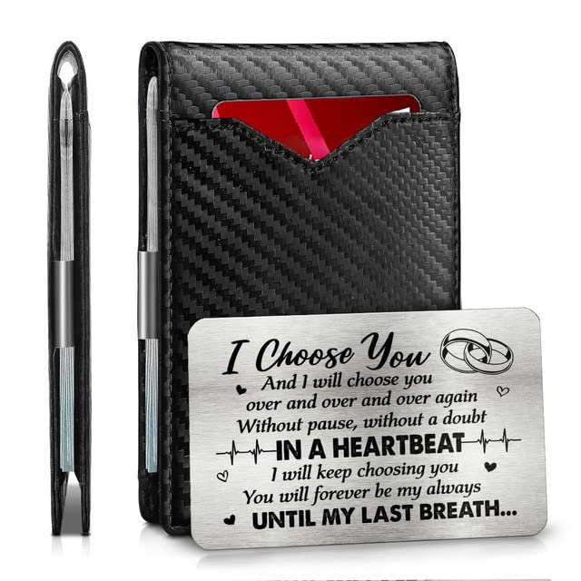 DOPTIKA Fathers Day Birthday Gifts For Men, Anniversary Wedding Gifts For Husband From Wife, Mens Gifts For Him, RFID Blocking Slim Minimalist Wallets, Money Clip Mens Wallet And Metal Message Card