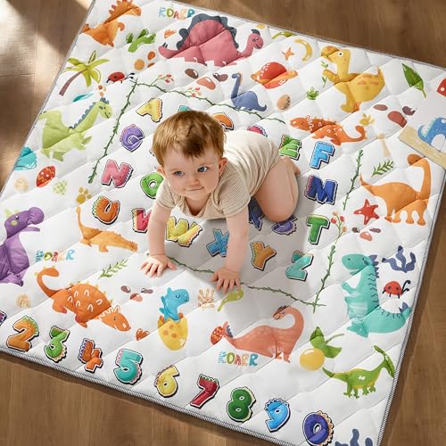 Image of Baby Play Mat for Floor - MORAIS 50x50 Inch with 800g Filling Thickened Crawling Mat for Playpen, Cushioned Playpen Mat with Anti-Slip Bottom and Animal Alphabet (Dinosaur Land)