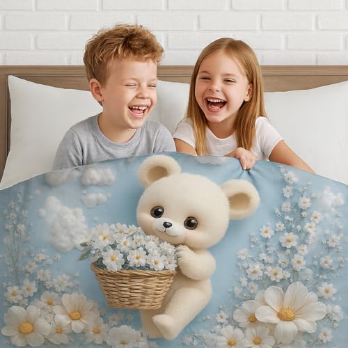 Image of King Size 7D Digital Print Bedsheet - 350 TC Cotton, Kids Friendly Design, Soft & Breathable 180 GSM Fabric, Machine Washable, Gift-Ready Packaging. (108x108 Inches). (Blue Teddy)