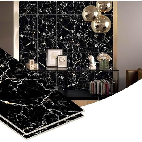 Dundee Deco Faux Marble Peel & Stick Wall Tiles - 24 in X 12 in Wall Panels - Glossy Finish Self Adhesive Wall Paneling Tiles - Black, White, Gold - Set of 10, Covers 19 sq ft Cover