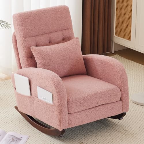 Image of VINGLI Teddy Fleece Low Seat Rocking Chair,Boucle Upholstered Nursery Glider Chair with Side Pockets,Accent Arm Chair with High Backrest,Comfy Head Rest,Solid Wood,For Living Room Bedroom Balcony,Pink