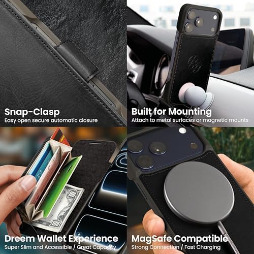 Dreem Wallet Case for iPhone 17 Pro Max, Revolutionary Vert/Hor Phone Stand, Magnetic Detachable Vegan Leather Flip Cover RFID Blocking Card Holder, MagSafe-Fit, Gift Box [Fibonacci: Black] - 4