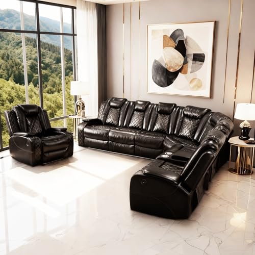 Image of Power Reclining Sectional Sofa Set with Recliner Chair, Black Breathable Faux Leather L-Shaped Couch with LED Lights, USB Charging, Wireless Charging, Storage Console and Cup Holders