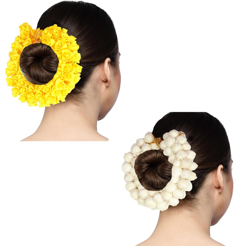 TrendyTrolley Artificial Mogra Gajra 2 Pc Set | Yellow & White Gajra for Women | Bridal Wedding Haldi Mehendi Bride to Be Bharatanatyam Kathak Dance Hair Accessorie | Floral Bun for Hair Styling