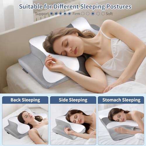 Image of Cervicac了Neck Pillow for Pain Relief - Ergonomic Side Sleeper Pillow for Neck Support, Contour Orthopedic Cervical Pillow for Sleeping, Cooling Memory Foam Pillows for Back Sleepers (Light Grey&White)