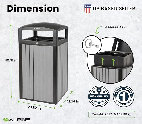 Image of Alpine 40 Gallon Commercial Outdoor Trash Can with Lid - Modern Heavy Duty Large Outdoor Garbage Can with Durable Plastic Bin, Slatted Recycled Plastic Panels for Patio, Parks, Trails & Resorts (Grey)
