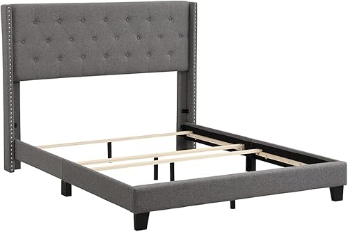 Miniatura 12 de Elegante cama tapizada de madera con plataforma tapizada de madera, tamaño Queen, marco de cama con cabecera tapizada de tela de lino con botones