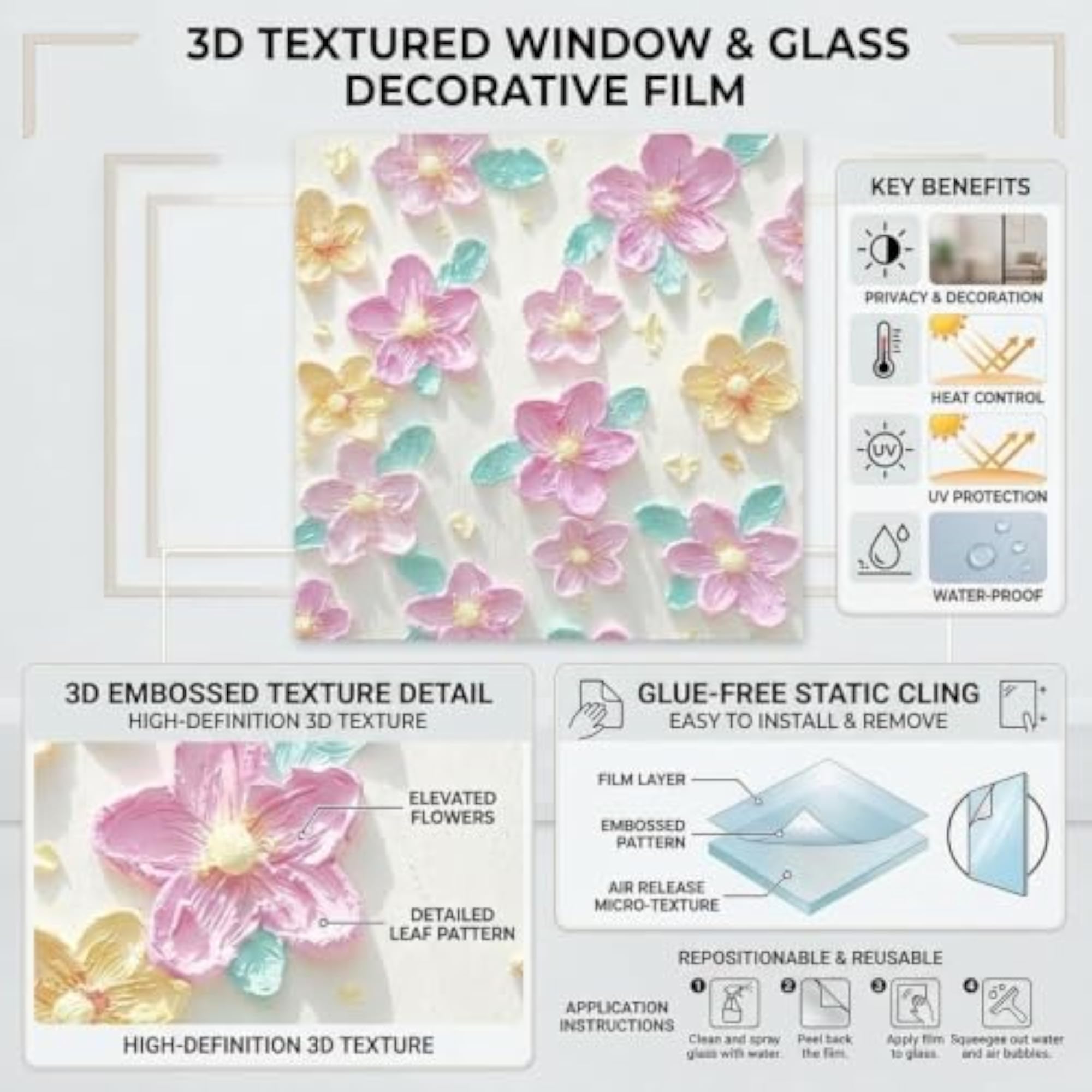 Window Film Privacy for Home Office, Oil Painting Style Flower Pattern