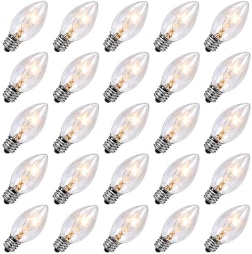 Couah 25 Pack C7 Clear Bulbs, 5W C7 Replacement Light Bulbs with E12 Candelabra Base, Clear Glass Incandescent Bulbs for Christmas String Lights, Night Lights, Window Candles E12 Base Christmas Bulbs