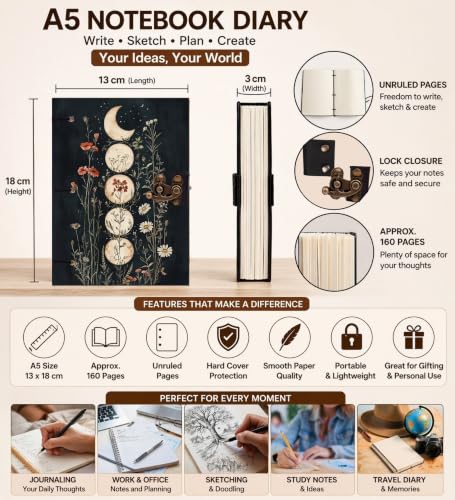 Image of Flower Moon Face Diary Notebook 7x5 Inch 160 Pages Unruled Journal for Writing
