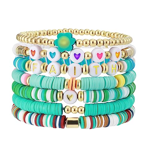Colorful Stretch Bracelet Stack Boho Beaded Bracelet Set Heishi Surfer Bracelet Stackable Y2K Trendy Jewelry Friendship Multiple Set Women Fans