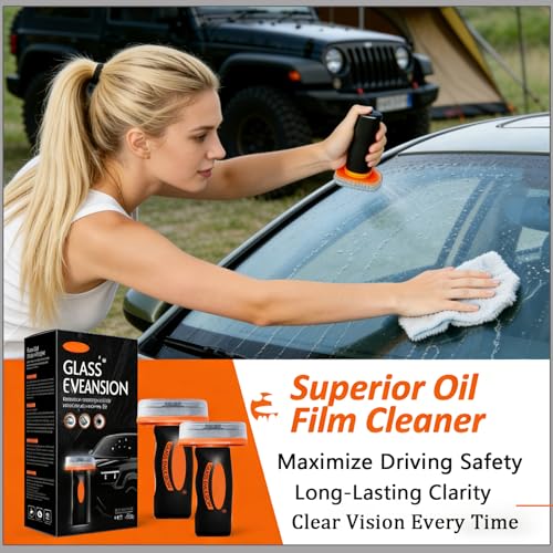 Image of 2Pcs Glass Oil Film Remover, Advanced Auto Glass Polish & Hydrophobic Coating with Ergonomic Applicator, Professional Windshield Restorer for Luxury Vehicles & Architectural Glass