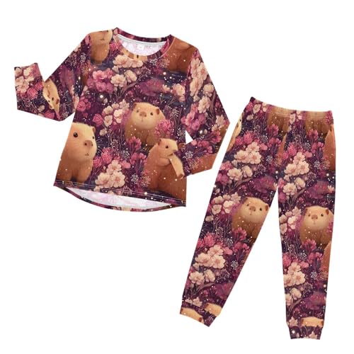 Cute Capybaras Kawaii Pink Soft Pajama Set for All Seasons,Breathable Pjs Long Sleeve Sleepwear,Comfy Loungewear 2 Piece Underwear Set 3T