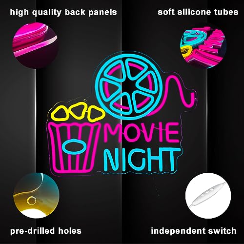 Movie Night With Popcorn Paper Box Neon Sign, Cinema LED Neon Light for Wall Decor, Movie Time Home Cinema Decor, Dimmable USB Neon Lights for Film Room Cinema Man Cave Party Birthday