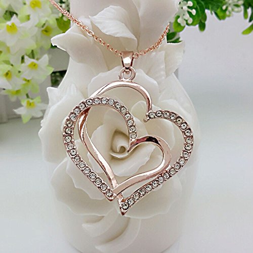 14K Rose Gold Silver Double Heart Shaped Necklace Shiny Crystal Stud Earrings Wedding Jewelry Set Best Gifts4