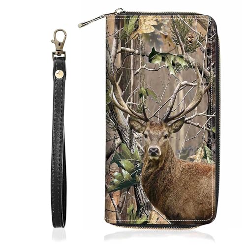 Jungle Camo Deer Print Wallet for Women Large Capacity Wallet Credit Card Holder PU Leather Zipper Clutch Purse Phone Wallet