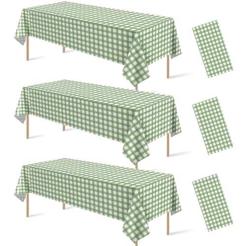 Denwiller 3 Pcs Sage Green Gingham Tablecloth Decorations Disposable Plastic Green Checkered Tablecloth Buffalo Plaid Table Cover for Baby Shower Bridal Wedding Birthday Party Supplies 54 x 108 Inch