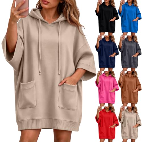 Hoodie Dress for Women 3/4 Sleeve Oversized Long Sweathsirts with Pockets - image 1