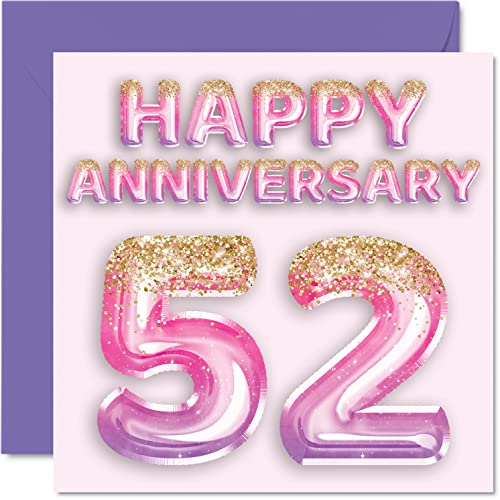 Bonita tarjeta de 52 aniversario para esposa, novia, marido, tarjetas de felicitación de 52 aniversario de la familia, tarjetas de felicitación de 145 mmx145 mm para cincuenta segundos aniversarios