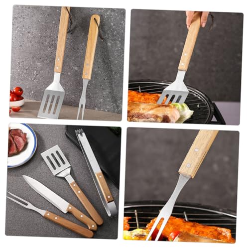 Kit de utensilios para parrilla de acero inoxidable con mango de madera miniatura 2