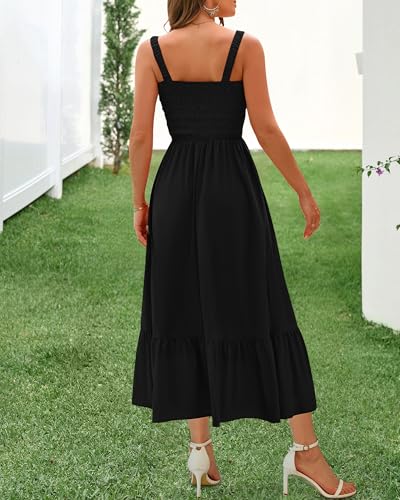 BTFBM Summer Midi Dresses for Women 2025 Spring Sleeveless Square Neck Smocked Flowy Long Beach Vacation Sundress Pocket3