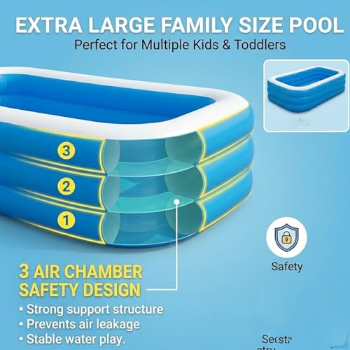 Image of Coku 8.5 Feet Rectangular Inflatable Swimming Pool for Kids & Adults | 3-Ring Extra Large Family Pool, Thick PVC Foldable Bathtub for Backyard, Garden, Indoor Outdoor Summer Use