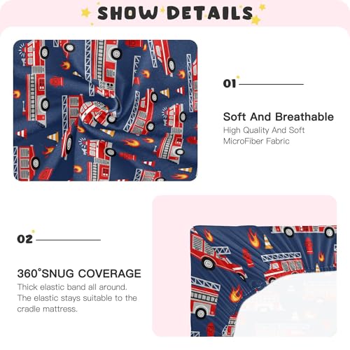 Image of Fire Trucks Red Cars Crib Sheets Soft Breathable Fitted Baby Playard Sheets Mattress Cover for Girl Boys, 39 inch x 27 inch x 5 inch
