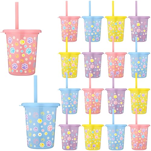 Reallnaive 24 Pcs Blue Dog Paw Plastic Cups with Lids and Straws, Blue Dog Paw Print Birthday Party Favor 16oz Reusable Cups for Baby Shower Puppy Themed Party Supplies