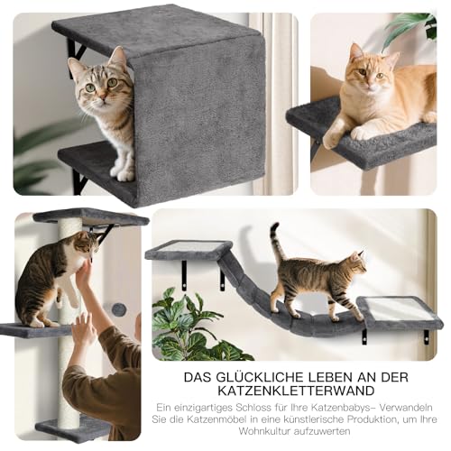 Kletterwand Katzen 10-teilig, Zvonema Katzen Wandelemente für Kleine bis Mittelgroße Katze bis 10KG, Stabiles Katzenkletterwand Set mit Katzenhaus/Katzenbrücke/Katzenbaum/Katzenliege, Grau