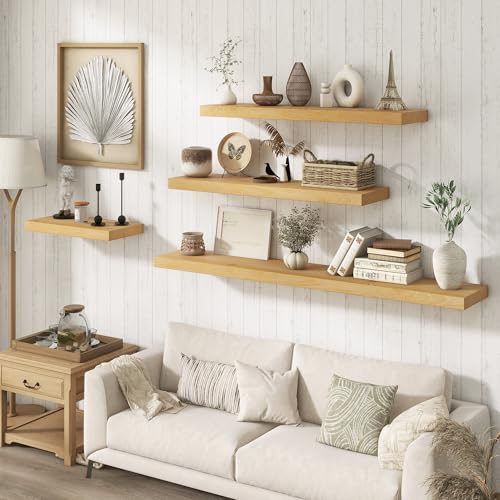 Image of Marsmiles 48 Inch Floating Shelf | 9.3 Inch Deep Natural Wood Wall Shelf Set of 1 | Rustic Reclaimed Wood Shelves for Room Wall | Farmhouse Floating Shelves for Living Room Bathroom