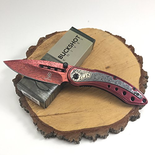 Buckshot Knives Thumb Open Spring Assisted Color Damascus Etched Stainless Steel Handle W/ Damascus Etched Blade Pocket Knife (PBK207RD)