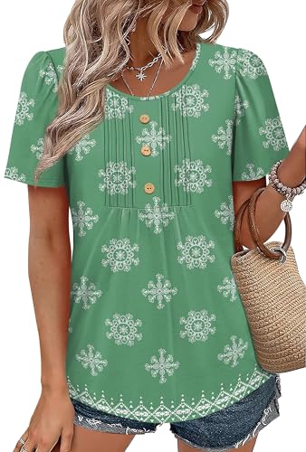 Image of Womens Tops Dressy Casual Blouses Short Sleeve Shirts Plus Size Fashion Clothing Spring Summer Outfits Button Pleated Front