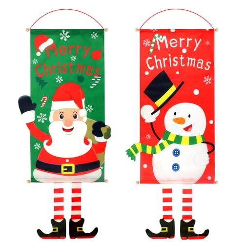Dadabig 2Pcs Bandera Colgante de Navidad Decoración, Bandera de Navidad para Pared 40 * 80cm Colgantes Navideños para Puertas, Bandera Colgante de Papá Noel para Pared Puerta y Ventana (Rojo y verde)