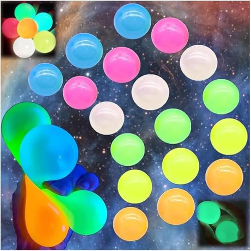 Image of Glow-in-The-Dark Sticky Balls for Kids, Stress Balls for Wall & Ceiling Play | Ceiling Ball for Adults Stress Relieving & Decoration, Party Games & DIY Crafts | Glowing Sticky Ball Toy Set